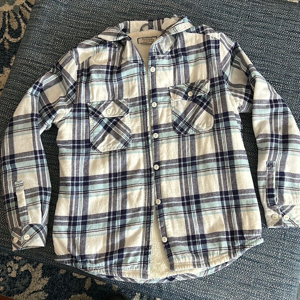 Boston Traders Blue & White Plaid Hooded Fleece Lined Shirt Jacket M